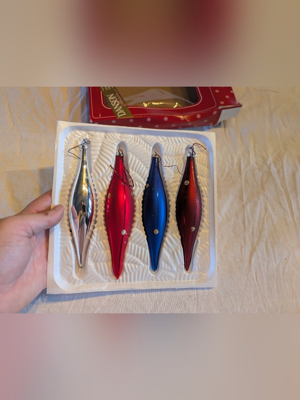 2/40$ Vintage Shiny Glass Teardrop Ornaments in Red, Blue, Silver, Burgundy